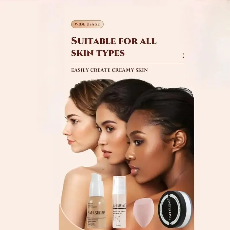 Makeup Base Sæt med 15ml Primer 30ml Matte Foundation 5g Løs Powder Puff For Glat Fejlfri Hud Longwear — image 3