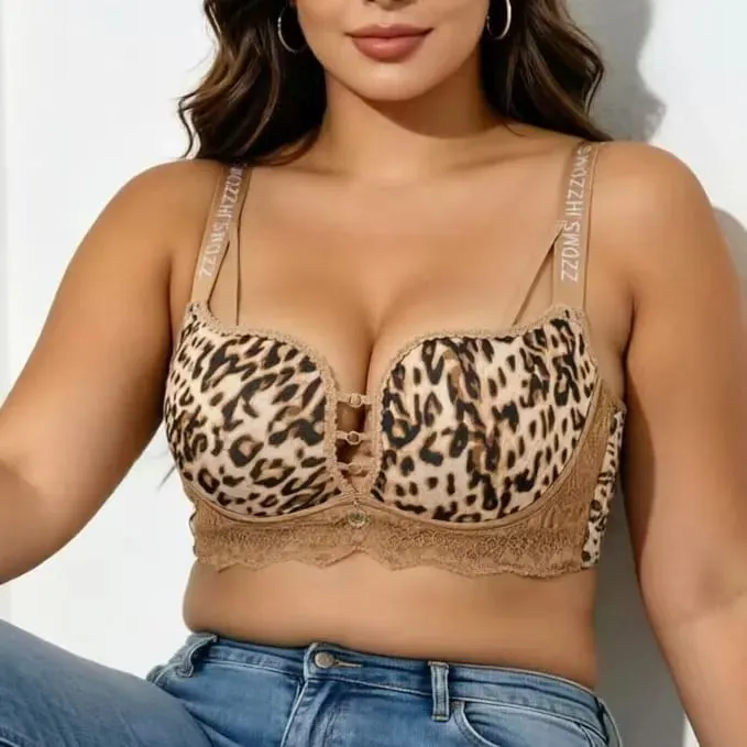 Plus Size Dünner, kabelloser Minimizer-BH mit Leopardenmuster, Anti-Sagging-Komfort-Dessous für Frauen mit großer Oberweite — image 1