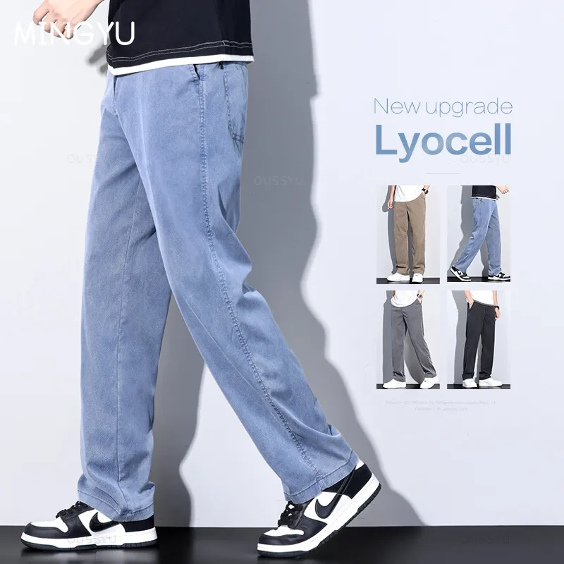 Summer New Upgrade Soft Lyocell Fabric Jeans Men Ultrathin Blue Elastic Waist Loose Straight Denim Trousers Male Plus Size 5XL — image 2