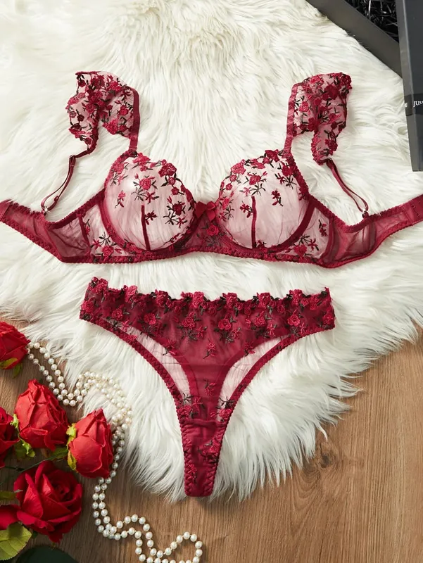 1 Set Romantic Rose Flower Embroidery Lingerie Set Ruffle Strap Sheer Mesh Bra Thong Set — image 6