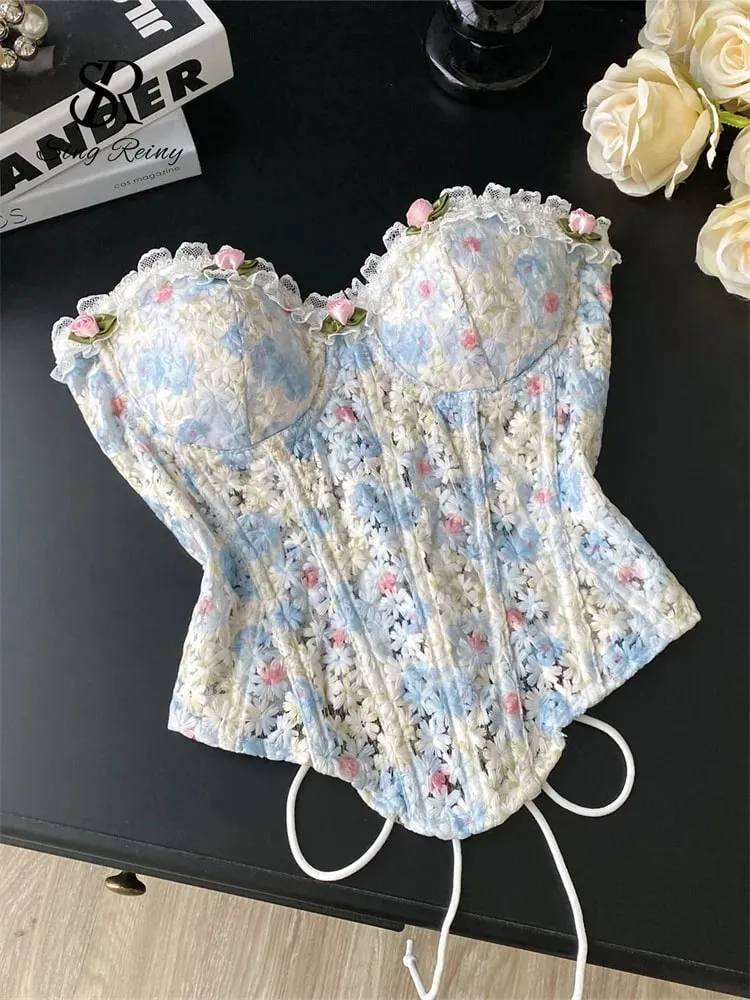 INS Strapless 3D Floral Camisole 2025 Summer Corset Slim Backless Tank Top Sheer Lace Up Holiday Sexy Embroidery Top