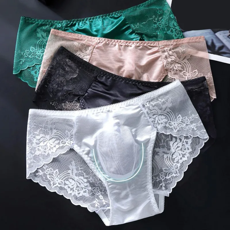 Men Lace Briefs Seamless Ice Silk Briefs Underwear 3D Bulge Pouch Low Waist Gay Panties — image 3