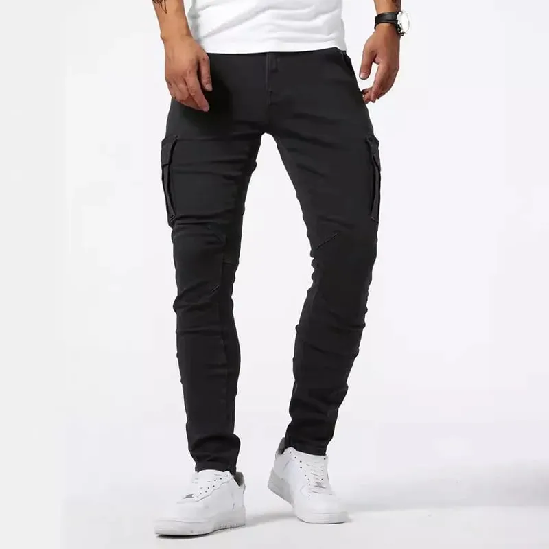 Männer Casual Bleistift Jeans Männlichen Elastische Multi Tasche Kleine Dünne High Street Denim Hosen Waschen Einfarbig Mittlere Taille Cargo-Jeans