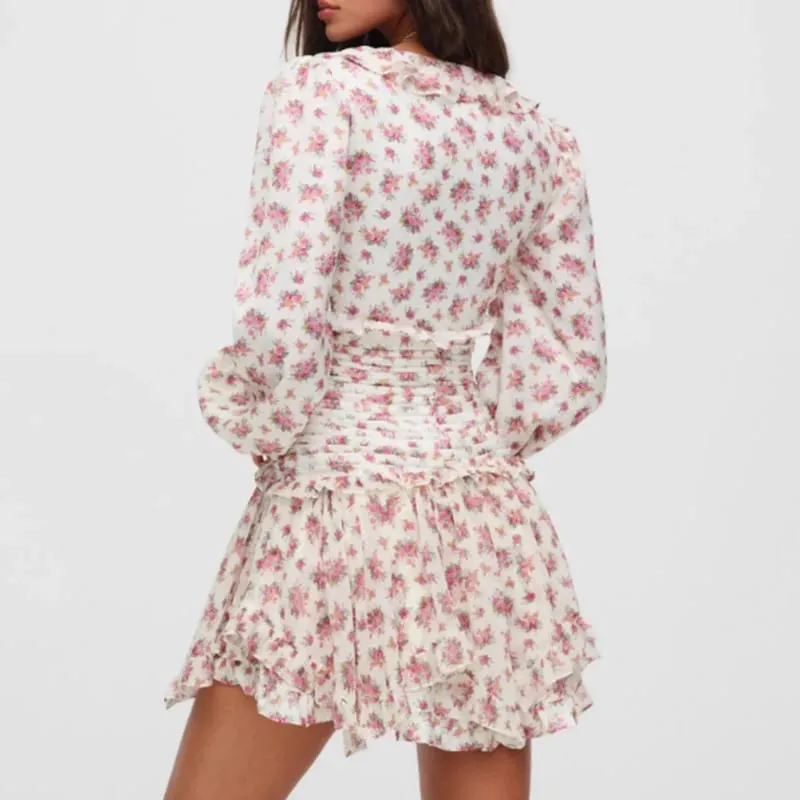 Pakaian Mini Ruffle Cetak Bunga Boho Wanita Butang Depan Lengan Panjang V Leher Musim Bunga Gaun 2025 Jubah Percutian Vestidos Pendek — image 3