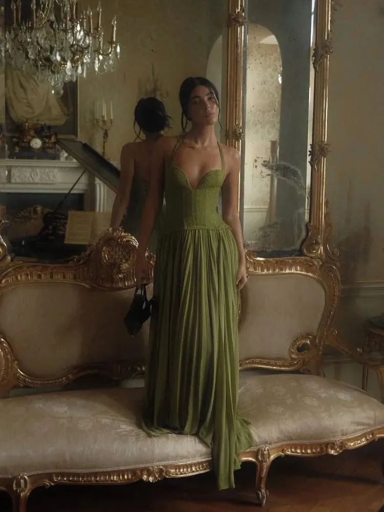 Vestido largo con cuello Halter de espina de pescado para mujer, vestido Sexy liso con espalda descubierta plisado y hombros descubiertos, vestido de fiesta de Navidad 2026 — image 3