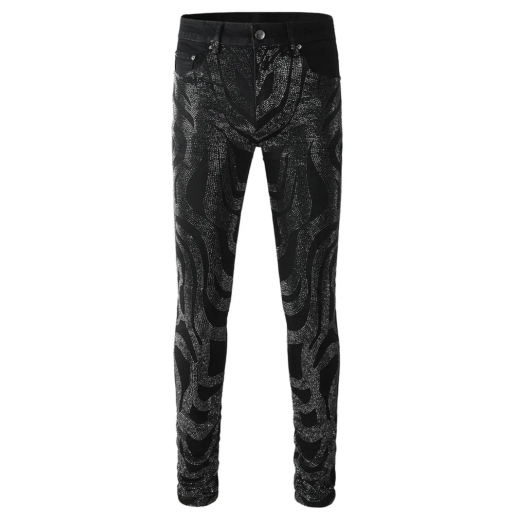 Mænd Crystal Denim Jeans Højkvalitets Rhinestone Stretch Bukser Streetwear Sorte Skinny Tapered Bukser — image 5