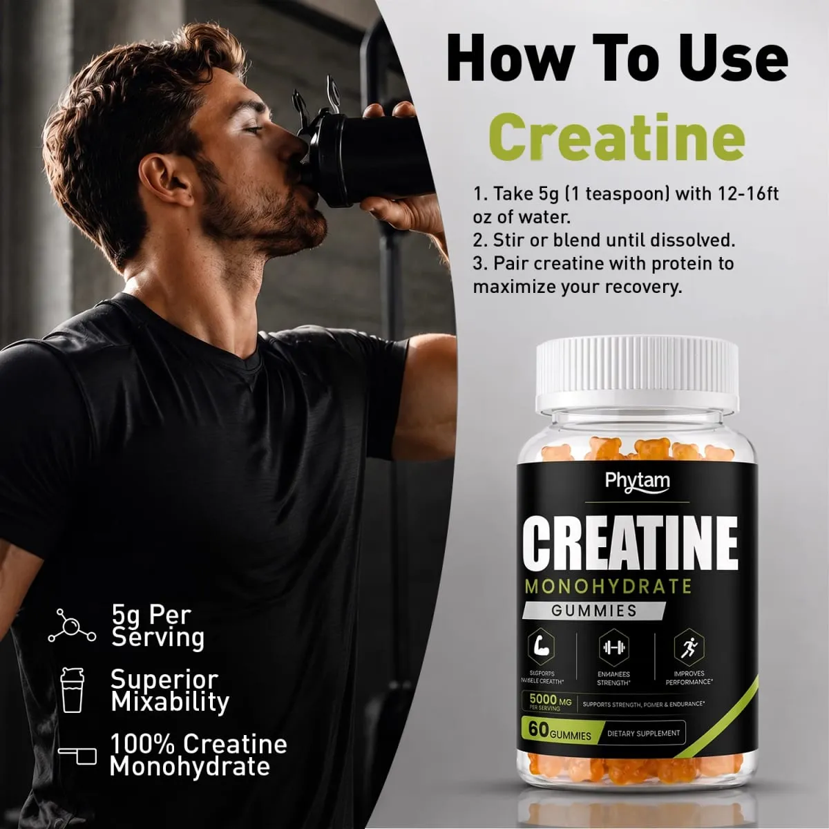 5000mg Creatine Monohydrate Bear Gummies 60 Count Chewable Daily Workout Nutrition Supplement Sinusuportahan ang Athletic Performance at Muscle Maintenance — image 5