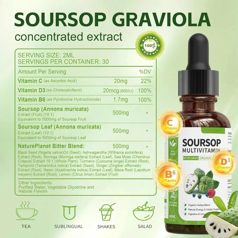 Soursop Tekuté kapky rostlinný extrakt s rostlinným extraktem se směsí ovoce a listů Soursop Daily Wellness Formula Vegan — image 4