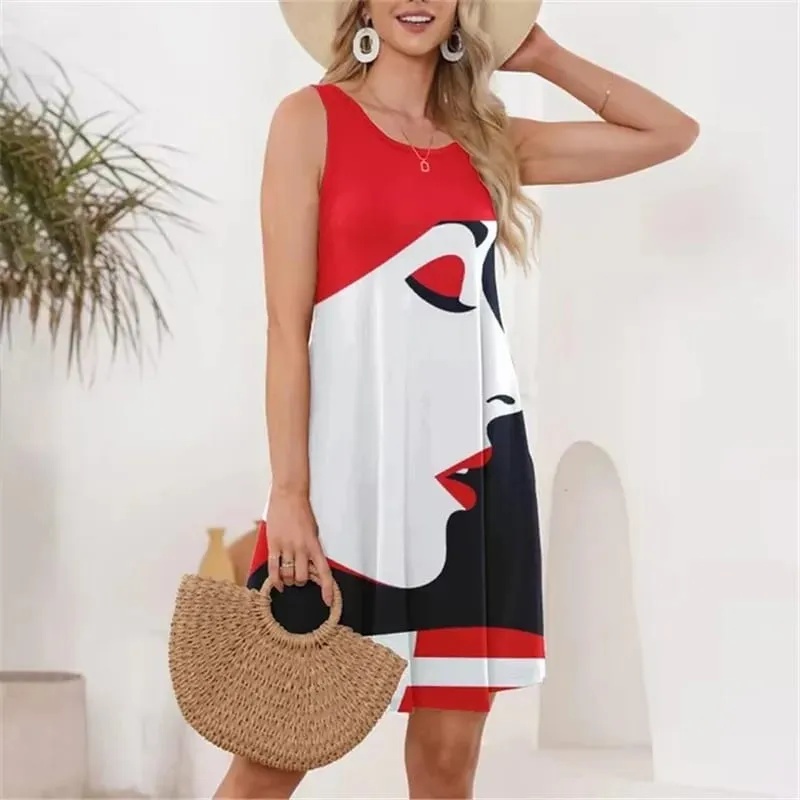 Mini abiti moda donna con motivo viso Mini abiti estivi senza maniche con stampa 3D Abito da donna da strada 3XL Abito casual taglie forti — image 6