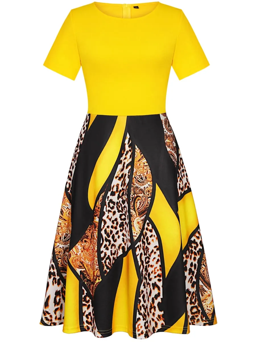 Bayan Kısa Kollu Zarif Çiçek Çalışma Ofisi A-Line Patchwork Midi Rahat Parti Slim Fit Ve Flare Salıncak A-Line Elbise — image 3