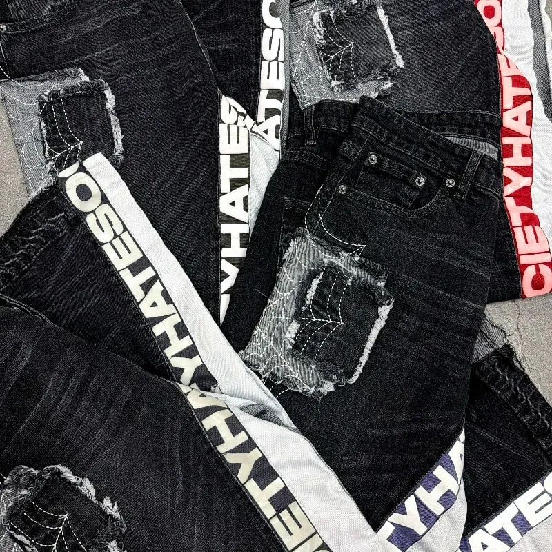 Y2k Hate Society Flared Jeans Muži Retro Spider Web výšivka Vyprané džíny American Hip Hop Streetwear Unisex Bootcut Jeans — image 2