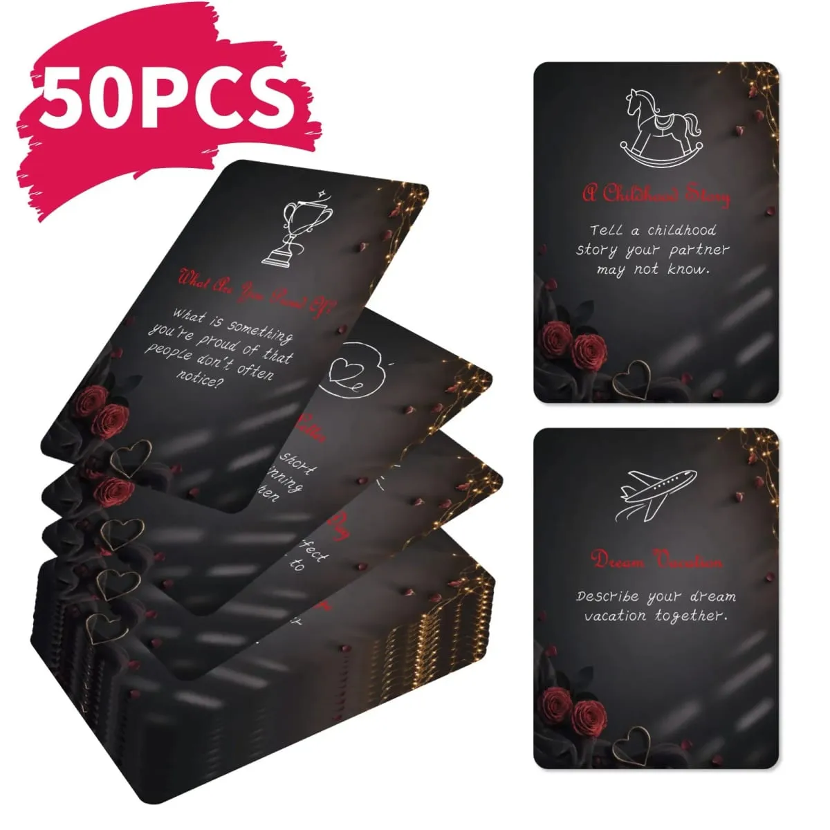 50 יחידות כרטיסי אתגר זוגיים רומנטיים עיצוב ורד שחור תקשורת אינטראקטיבית כרטיסי משחק היכרויות ללילה זוגי