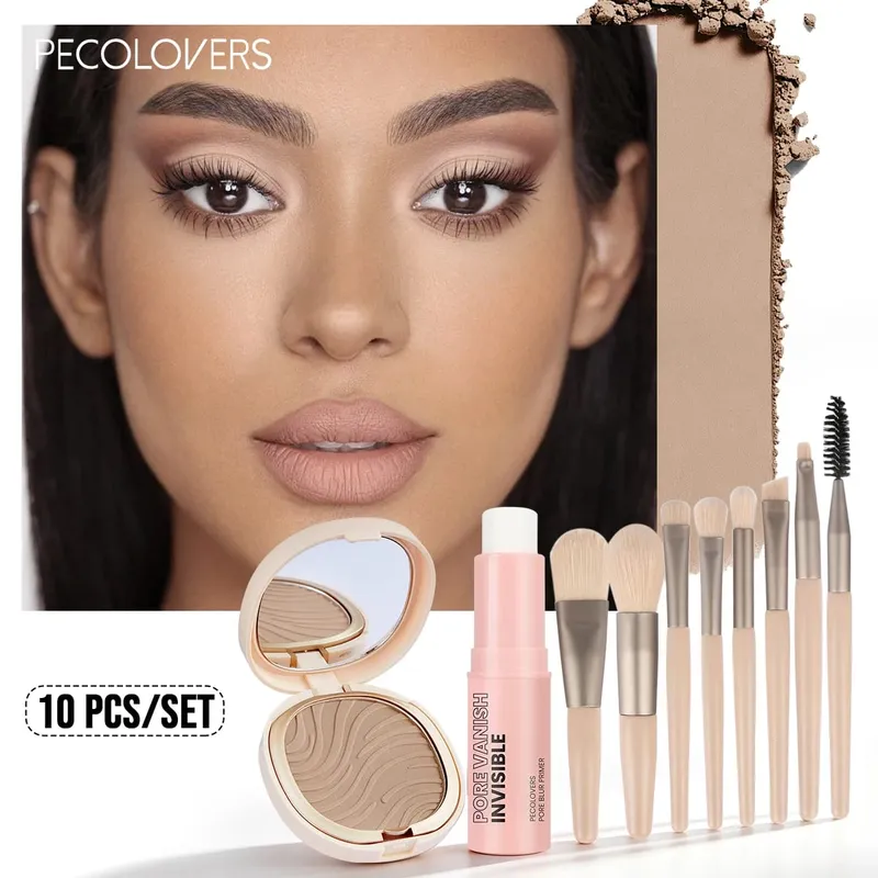 10 stk alt-i-én base makeup kit pore minimerende primer stick mat setting pulver og 8 stk professionel makeup børster sæt