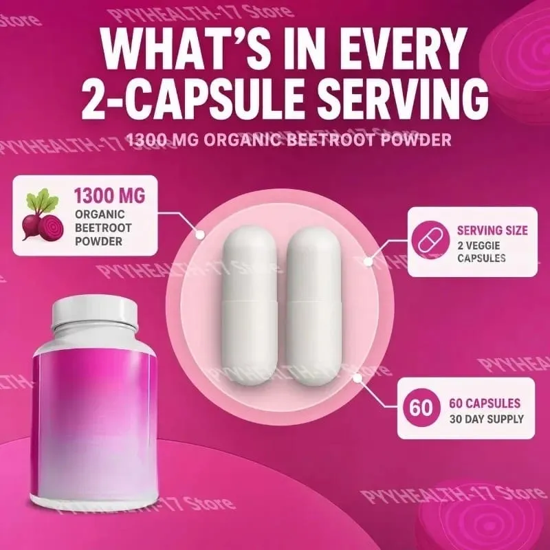 Ang Beetroot Capsules Non-GMO Beets ay Sumusuporta sa Malusog na Sirkulasyon at Athletic Performance Organic Beetroot Powder 1300mg 60 Capsules — image 5