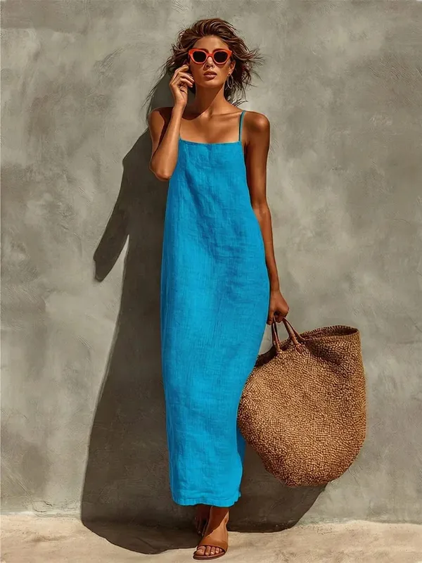 ฤดูร้อนผู้หญิงสีทึบสบายๆลื่น Sundress ทราย Beachwear แขนกุดหลวม Maxi ยาวชุดวันหยุด — image 9