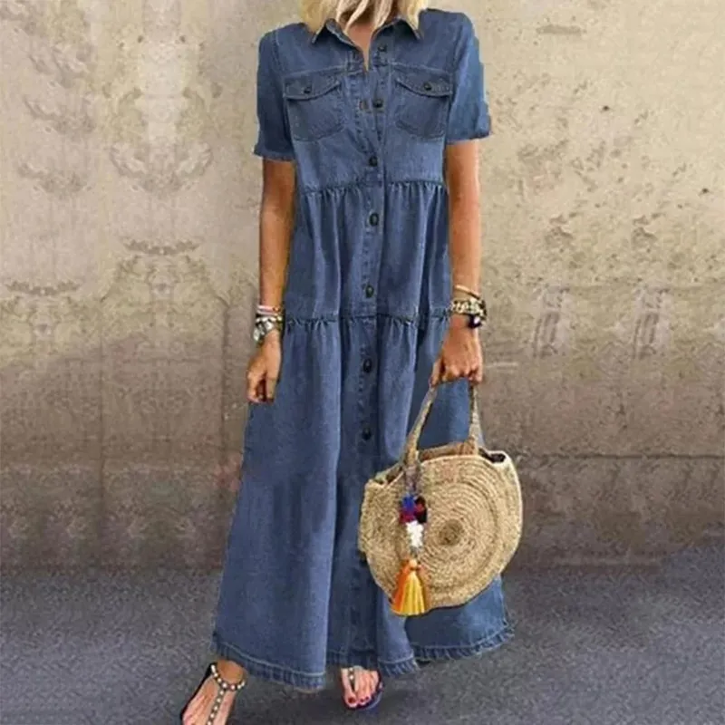 Retro Frauen Kleider 2022 Kurzarm Drehen Unten Kragen Taschen Taste Lange Lose Denim Kleid Sommer Langes Kleid — image 5