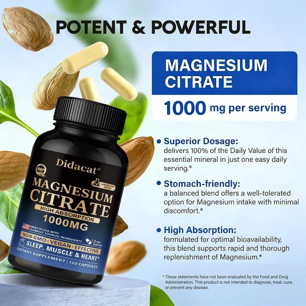Capsule di citrato di magnesio 1000 mg Integratore ad alto assorbimento - Supporto per i muscoli del sonno e il cuore Vegano non OGM — image 2