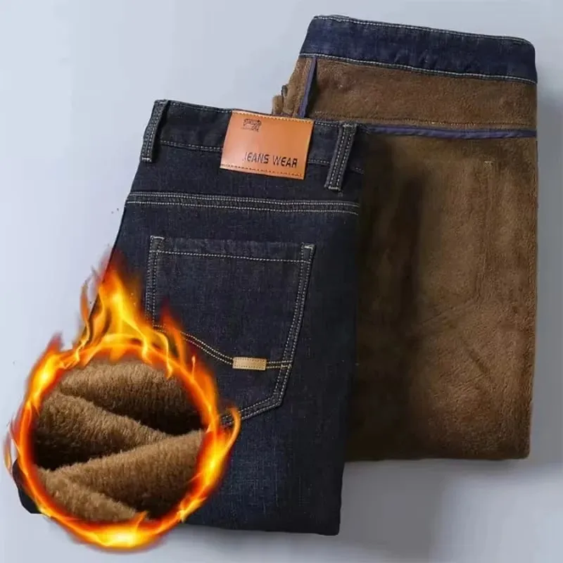 Jeans da uomo foderati in pile riflettente - Fodera spessa e calda Denim resistente e finiture riflettenti Sicuri per gli spostamenti notturni invernali e il tempo libero — image 3