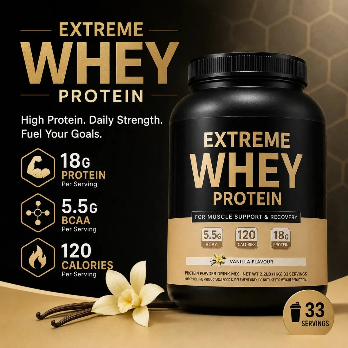 Molkenproteinpulver 18 g Protein 5,5 g BCAA Vanille Muskelregeneration und -wachstum nach dem Training unterstützen 120 Kalorien 33 Portionen Fitnessstudio Fitness