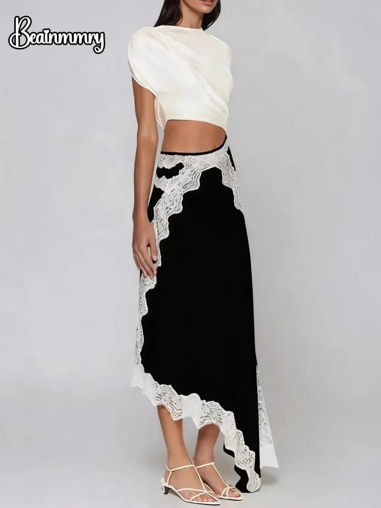 Lace Patchwork Cut Out Kortærmet snoet t-shirt farveblok samlet blondepanel Maxikjoler Dame Chic Daglig Outfit — image 2