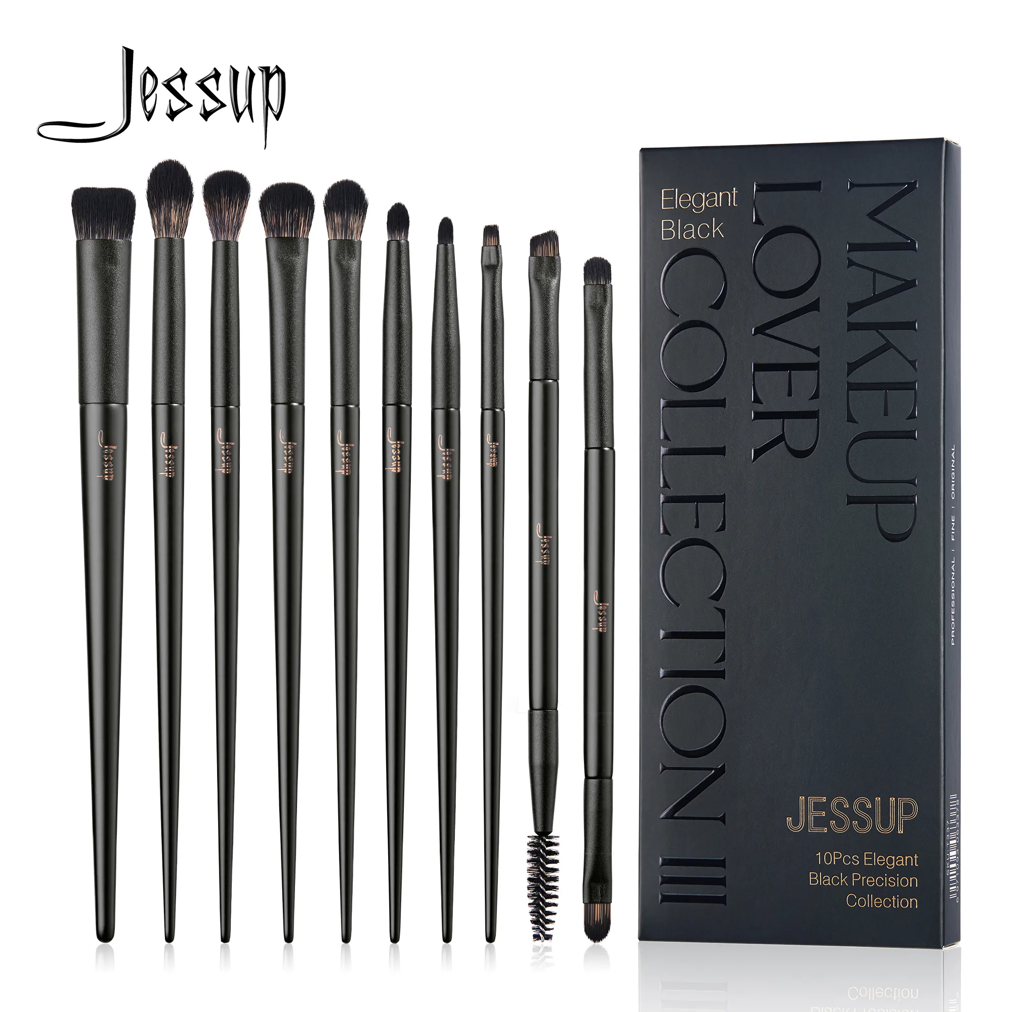 Zestaw pędzli do cieni do powiek Jessup 10 szt. Pędzel do oczu blendowanie cieni Flat Liner Crease Duo-end Brow Spoolie Broach elegancki czarny T337 — image 1
