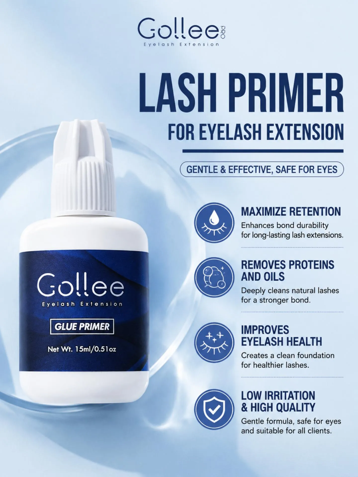 Gollee Wimpernverlängerungs-Kleber-Set, Wimpern-Primer, 3-in-1, dünn, schnell trocknend, 5 ml Kleber, 15 ml Primer, 200 Tücher, Lash Tech Salon-Set — image 5