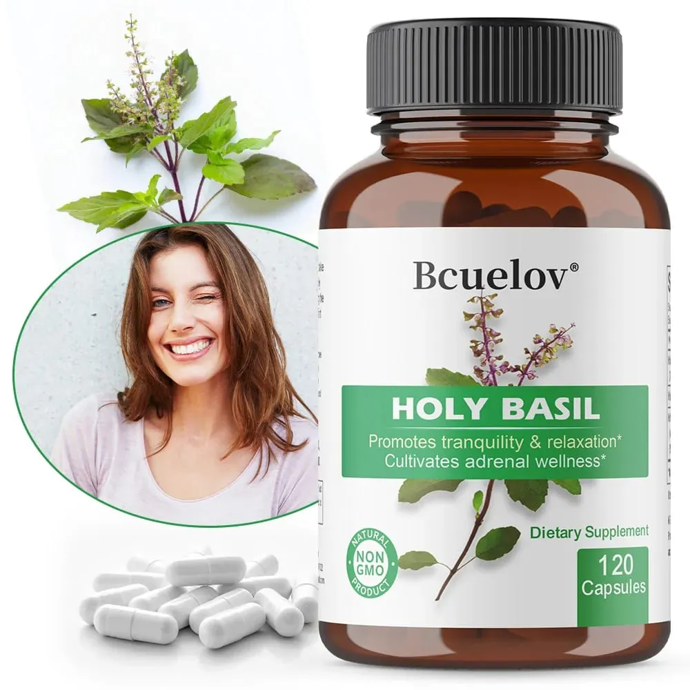 Holy Basil Tulsi Extract Capsules สนับสนุนต่อมหมวกไตภูมิคุ้มกันระบบทางเดินหายใจ & Daily Calm Wellness ความเครียดและความวิตกกังวลบรรเทา