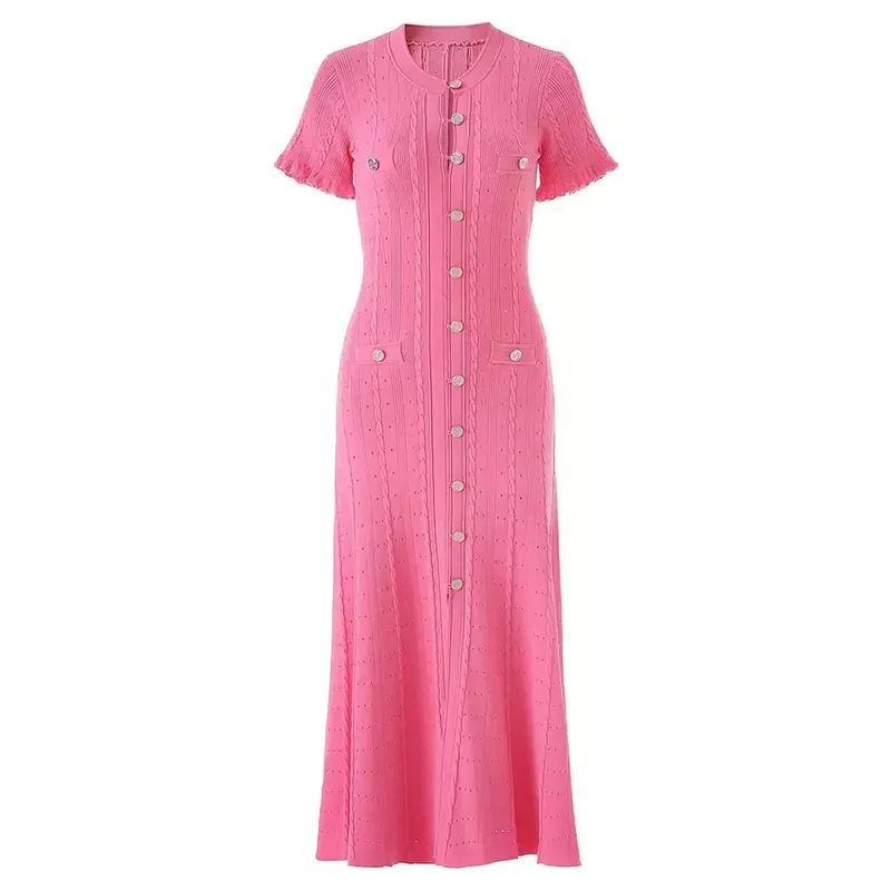 Vintage-Midikleid mit Zopfmuster, Knopfleiste vorne, Rüschen, kurze Ärmel, Taschendesign, elegantes, legeres Party-Strickkleid — image 9