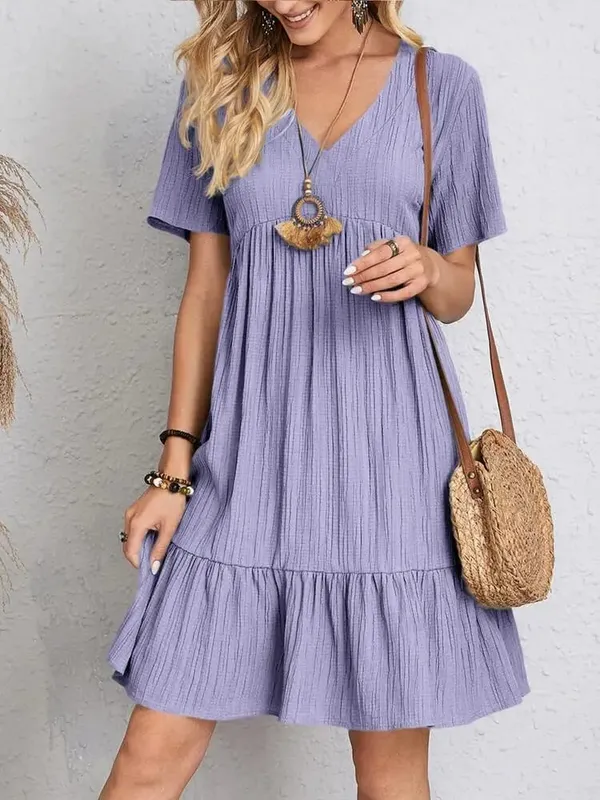 Elegant Vคอชุดสาย 2024 ฤดูร้อนใหม่Rufflesหลวมชุดมินิลำลองแขนสั้นBeach Party Vestidos Streetwear — image 4