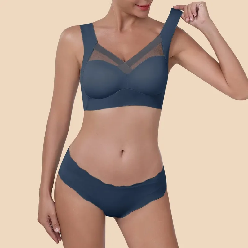 Women Seamless Underwear Set Wireless Ice Silk Thin Back Beauty T Shirt Bra And Smooth Panty Set Solid Color Lingerie Suits