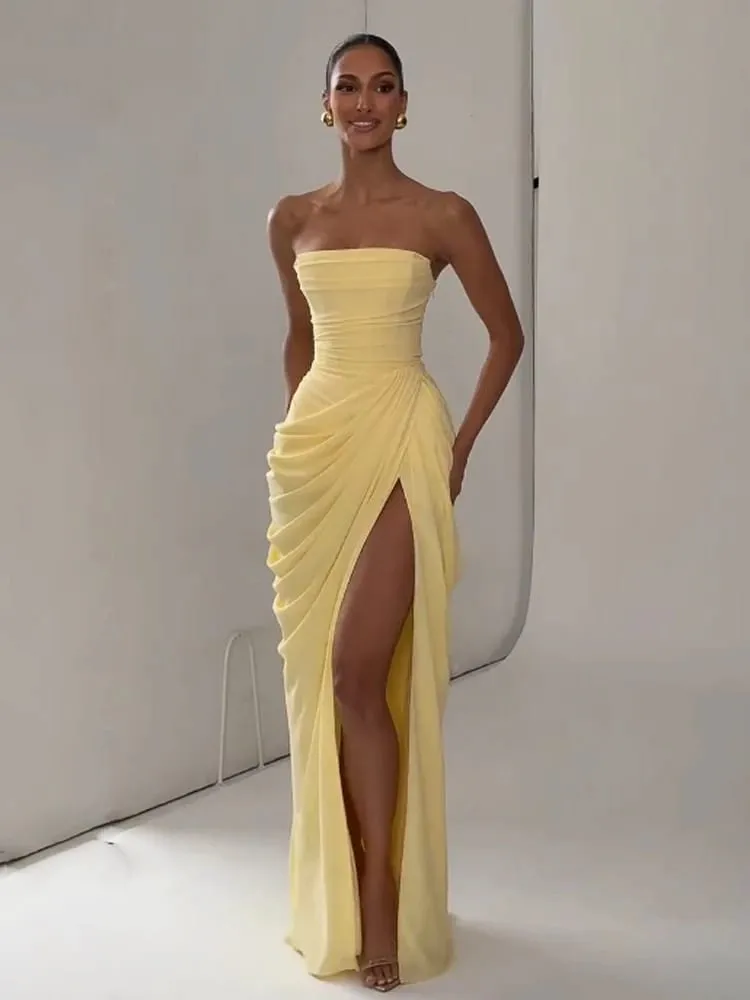 Abito da donna sexy a pieghe solido Lady Chic con spalle scoperte Senza spalline Abiti spaccati a vita alta 2026 Abito da sera estivo — image 2