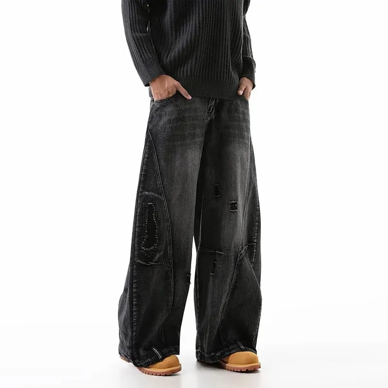 Jeans coreani strappati taglie forti retrò Pantaloni curvi a gamba larga da uomo Pantaloni larghi casual alla moda a gamba dritta