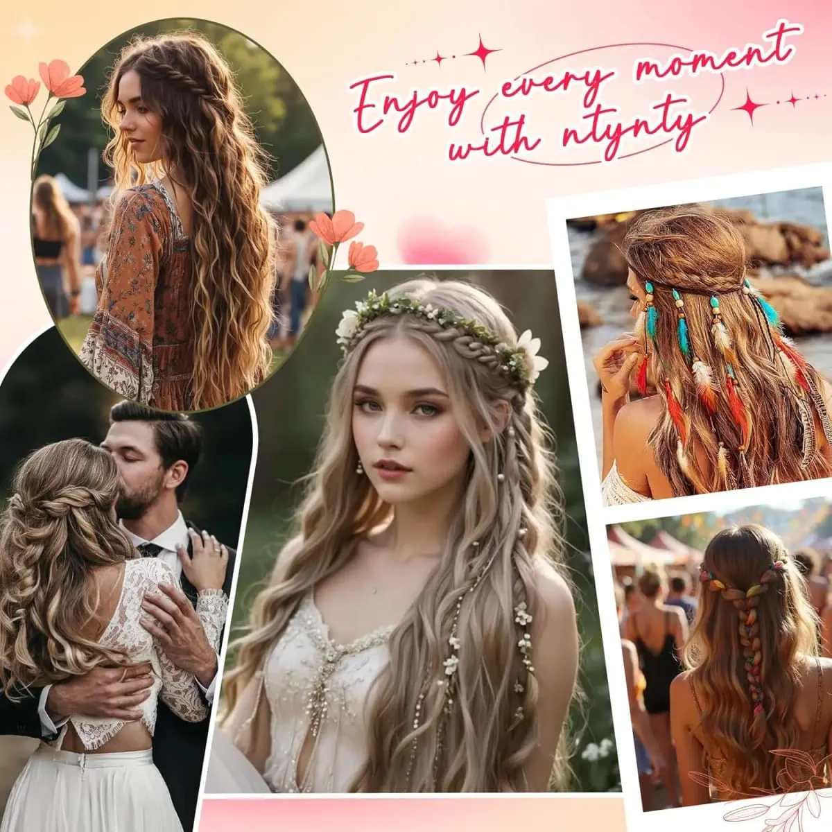 Synthetische Clip-in-Zopf-Haarverlängerungen – Boho-Festival-Prinzessin-Zopf-Haarverlängerung, Feen-Cosplay-Hochzeits-Haarteil für Frauen — image 7