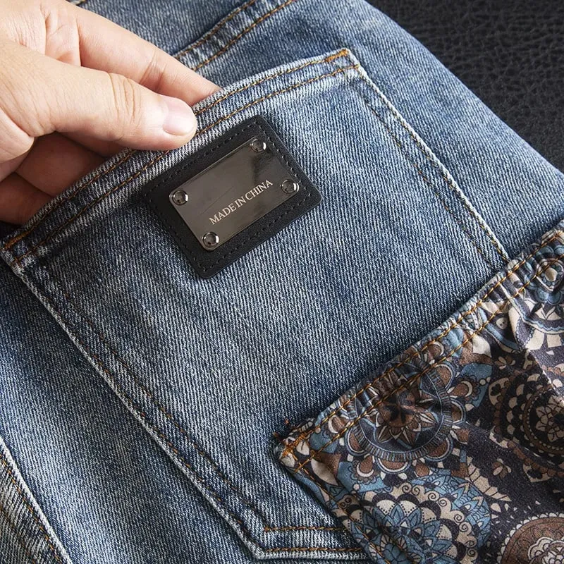 Vintage-Patchwork-Jeans für Herren mit Rissen, modischer Aufdruck, einzigartige, trendige High-End-Röhrenhose mit schmaler Passform — image 4