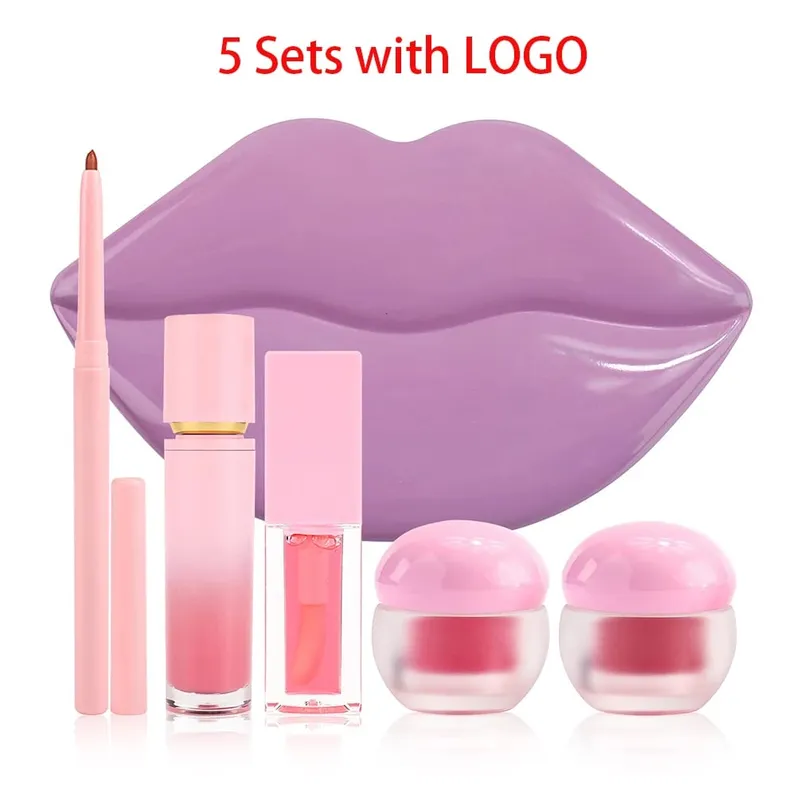 Ensemble de maquillage pour les lèvres Vegan 5 en 1, masque à l'huile brillant, doublure, gommage, marque privée, Logo personnalisé, vente en gros, fourniture en vrac pour les revendeurs