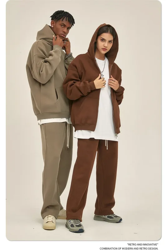 New Men Double Headed Zipper Fleece Hoodies Unisex Loose Basic Solid Warm Hooded Sweatshirts Coats For Winter HY0633