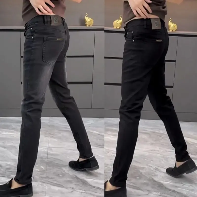 High-end Jeans erkek İlkbahar ve Yaz Çok Yönlü Ince Pantolon Siyah Trendy Marka İş Pantolon Erkek Giyim Düşük Rise Jeans