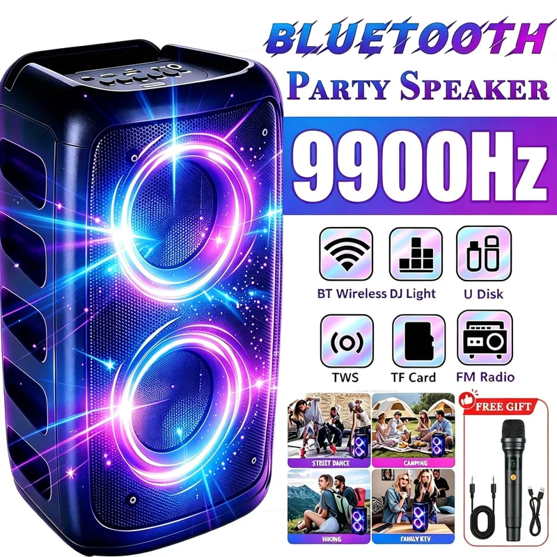 9900Hz Professional Large Bluetooth Speaker with Microphone Portable Design Featuring Subwoofer Party Box LED Lights Compatible with BT/USB/TF/AUX/FM/TWS/MIC/EQ Functions Professional Karaoke. Ideal Gift for Birthdays Christmas and New Year