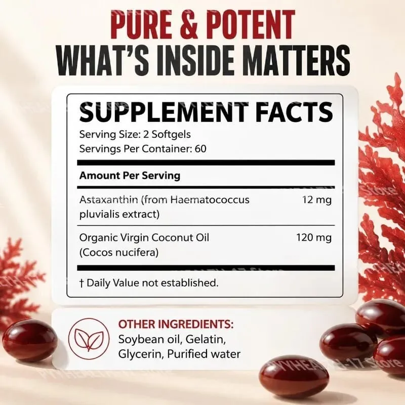 Astaxanthin Softgels Từ Vi Tảo Thúc Đẩy Sản Xuất Collagen Đậu Nành Không Chứa Gluten Không GMO Sức Mạnh Gấp Ba 120 Softgels — image 2
