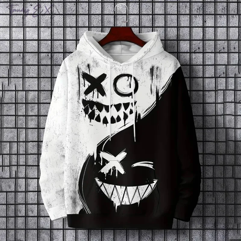 New autumn men's fashionable smiling face design printed soft and comfortable hooded sweatshirt outdoor streetwear