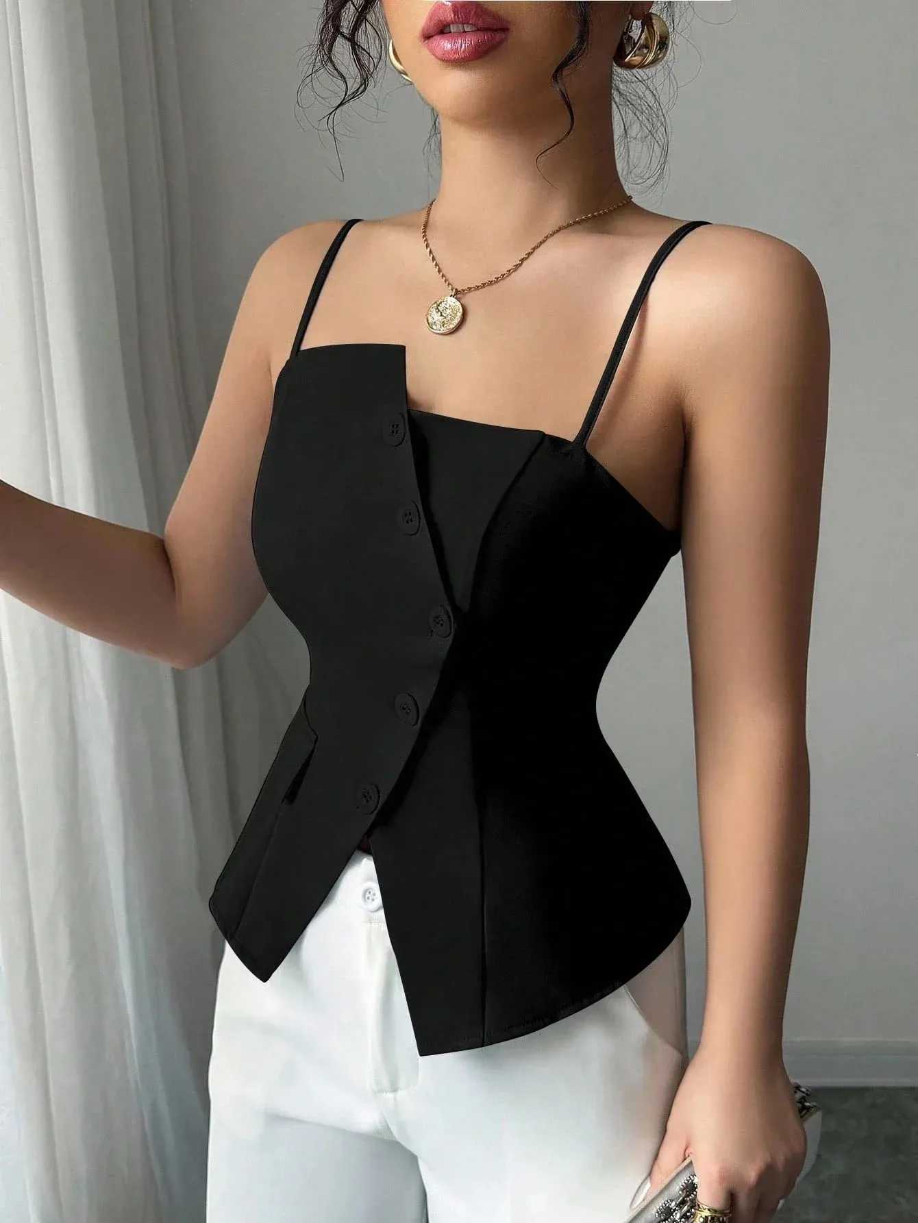 Damen-Cami-Top mit dünnen Trägern, asymmetrischem Knopf-Cami-Top, Knopf-Blazer-Weste, passend für elegante, schicke Bekleidung, Oberteile für Frühling, Sommer, Alltag — image 6