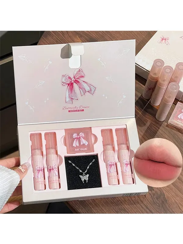 KUNSTVÆRDI 6 stk Makeup Sæt inkluderer 4 stk Velvet Nude mat flydende læbestift og 1 stk ansigts blush palette med halskæde gave kosmetik