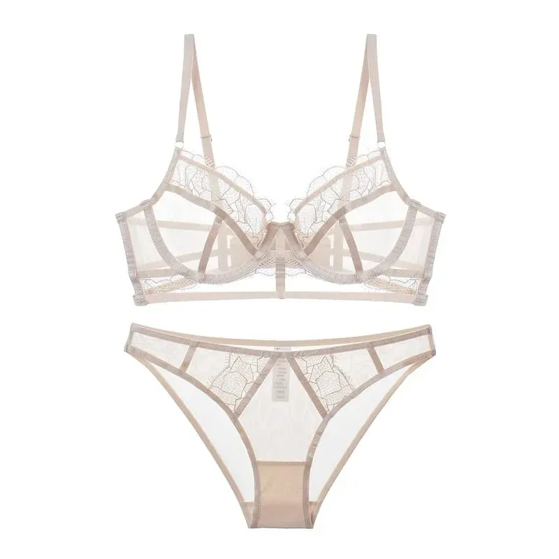 Set Pakaian Dalam Jaring Sulaman Ultra Nipis dengan Tekan Tubi Cincin Keluli untuk Payudara Besar & Rupa Seksi