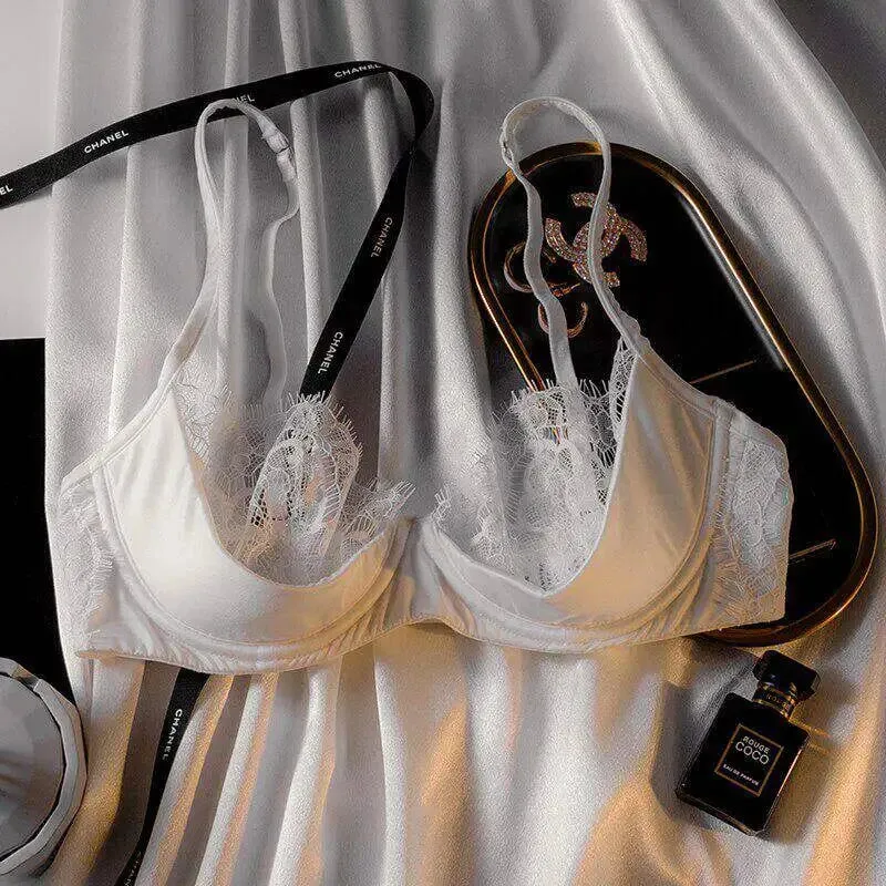 Set Bra Setengah Cangkir Renda Tipis Ultra Tipis Wanita Peminimal Payudara Besar Mendukung Pengangkat Pakaian Dalam Lingerie Kasual Nirkabel Ringan S-XL — image 6