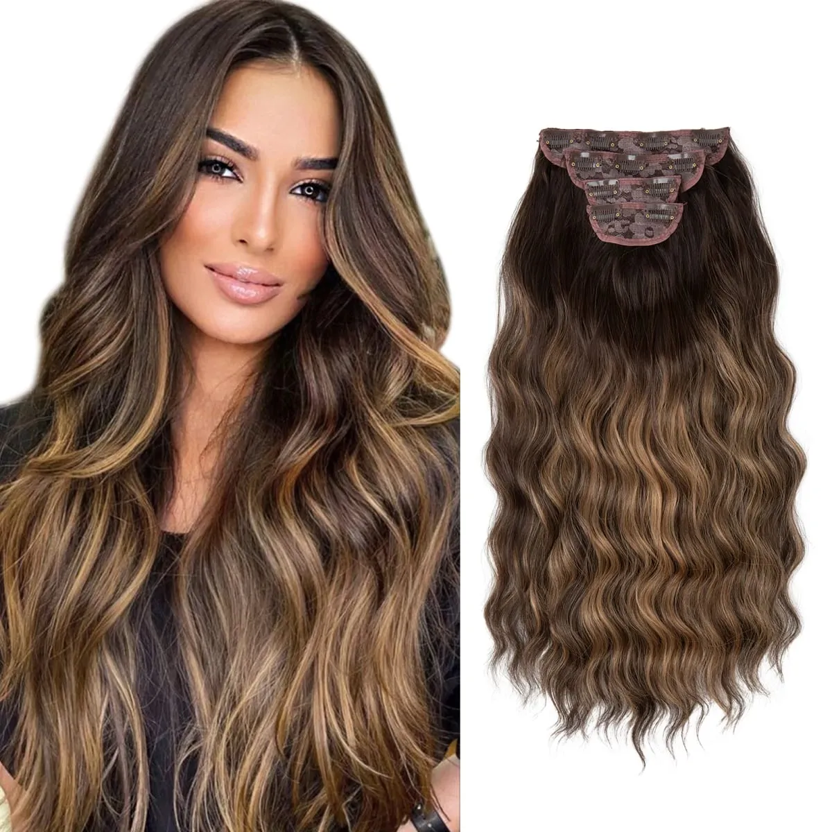 Synthetic 22" Long Wavy Clip In Hair Extensions 4Pcs/Set Thick Hairpiece For Women Brown Blonde Black Natural Fake Hair Pieces
