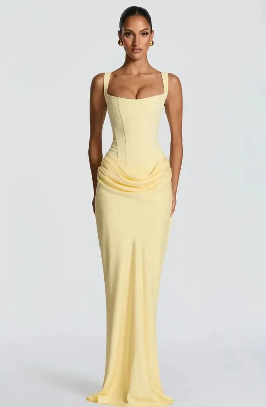 Yellow Strapless Pleated Women Split Maxi Dress Elegant Sleeveless Waist Cinching Slim Fit Dresses 2026 Lady Daily Party Gowns — image 7