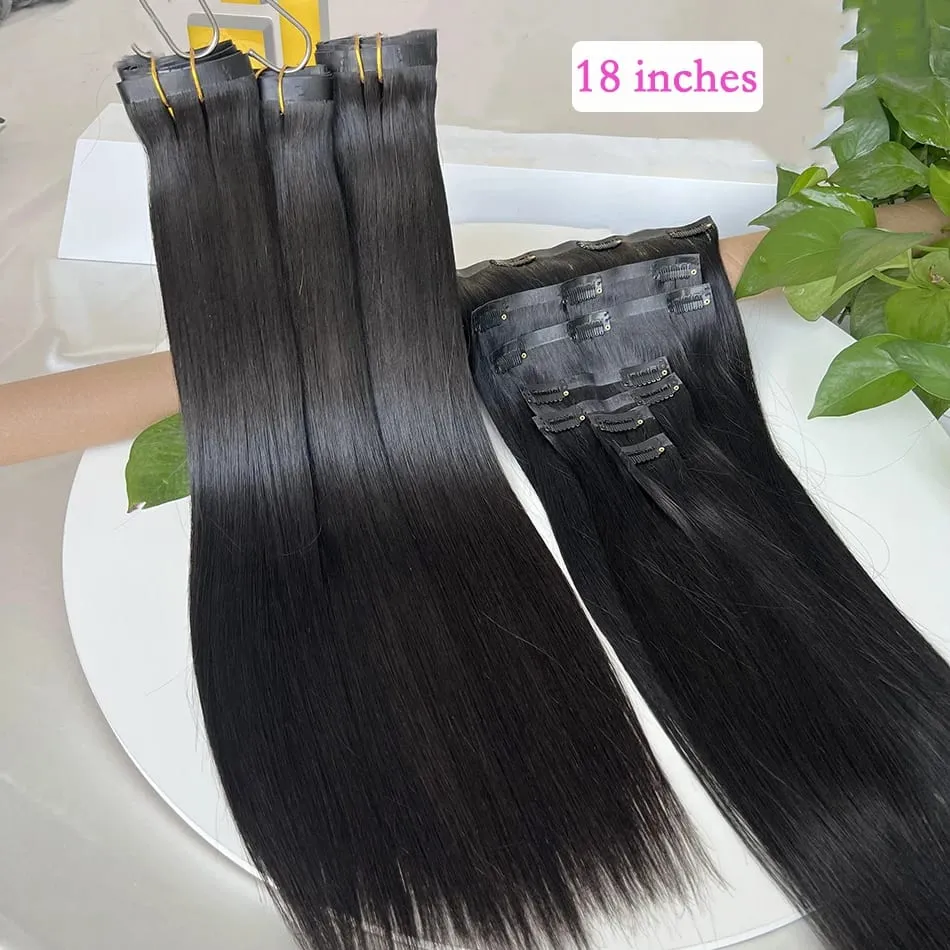 Rohe, unverarbeitete 100 g 7 Teile/Satz nahtlose Clips in #1B natürliche Farbe Echthaarverlängerungen langer PU-Schuss unsichtbares glattes Haar — image 5