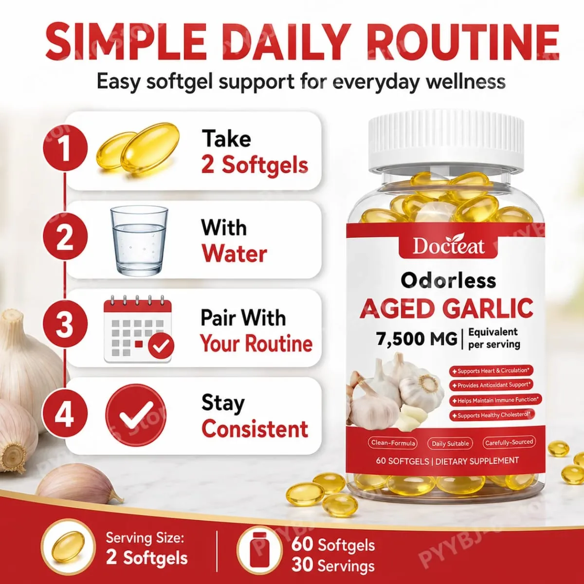 Odorless Aged Garlic Extract 7500mg เทียบเท่า 60 ซอฟท์เจล - ระบบภูมิคุ้มกันสุขภาพหัวใจอาหารเสริมสารต้านอนุมูลอิสระสำหรับผู้ใหญ่ — image 4