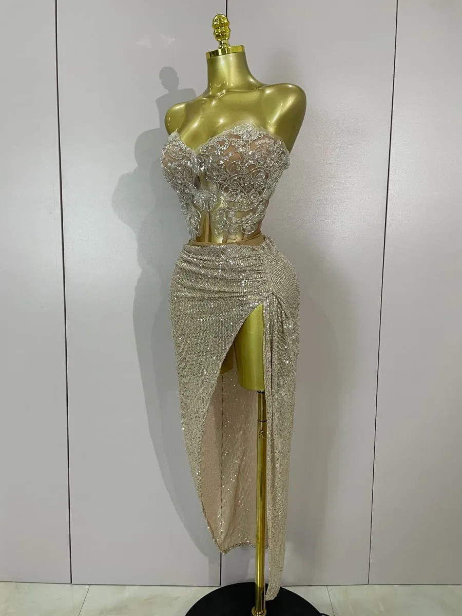 Sparkly Pailletten Perlen Sexy Liebsten Zwei Stücke Set Frauen Abend Feiern Nachtclub Party Luxus Geburtstag Kleid Bühne Kostüm — image 2