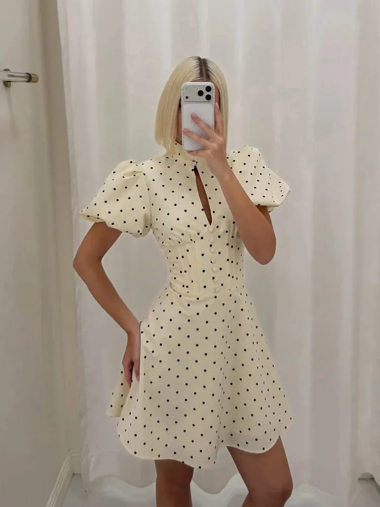 Retro Polka Dot Mini A-Linie Kleid Elegante Stehkragen Puff Kurzarm Taille-betonte Kleider 2026 Neue Dame Party kleider — image 2